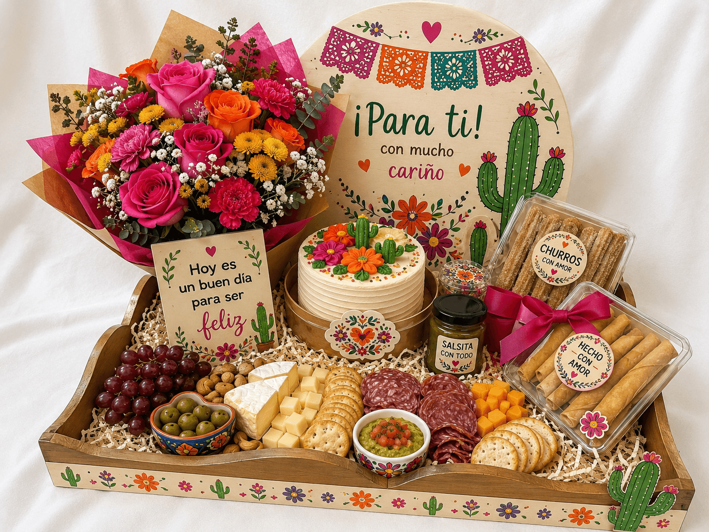 Bandeja Fiesta con Cariño con flores, pastel, charcutería, churros y taquitos