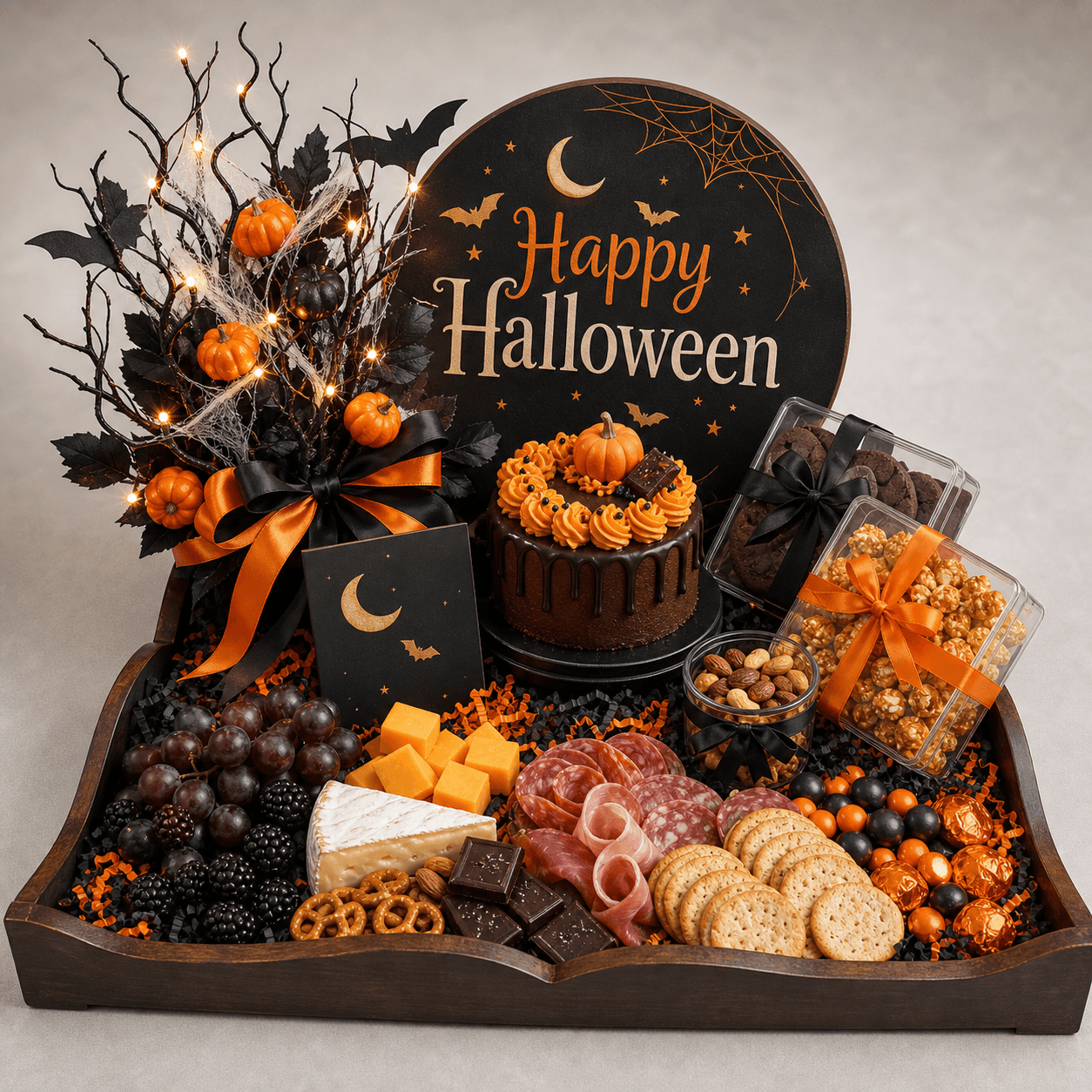 Bandeja Happy Halloween con disco decorativo, pastel, charcutería, frutas y dulces
