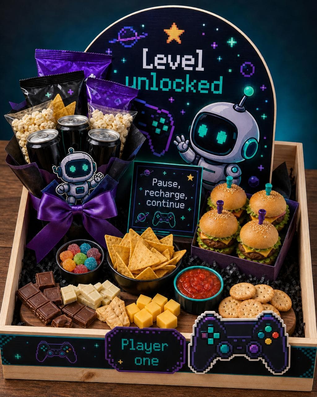 Bandeja gamer Level Unlocked con mini hamburguesas, nachos y dulces